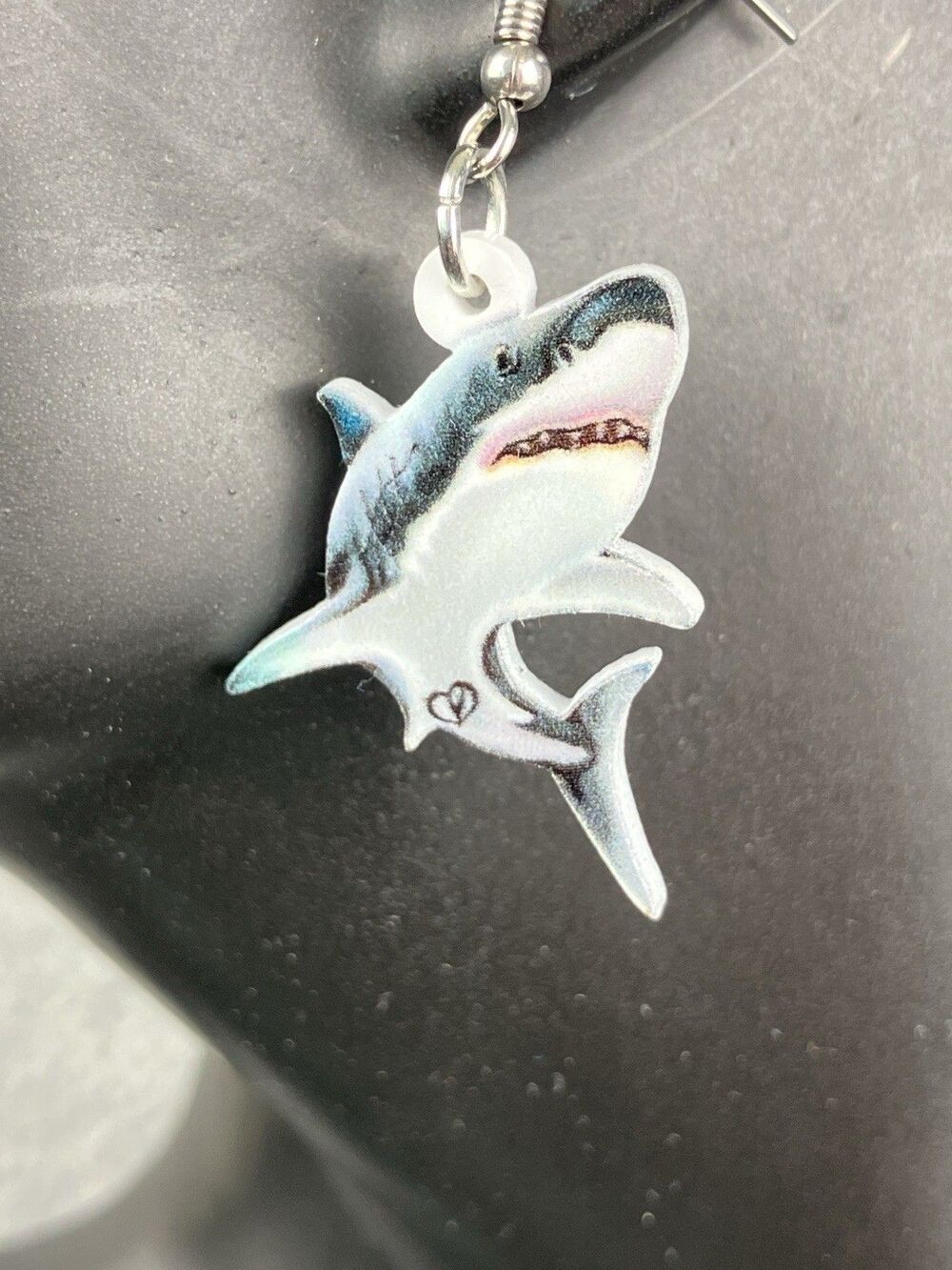 Shark Pierced Earrings Double Sided Dangle Lightweight Novelty Silver Tone Hooks